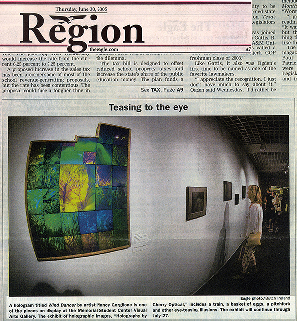 Cherry Optical Holography exhibit articletheeagle newspaper article picturing Wind Dancer Hologram by N Gorglione on exhibit Texas A & M